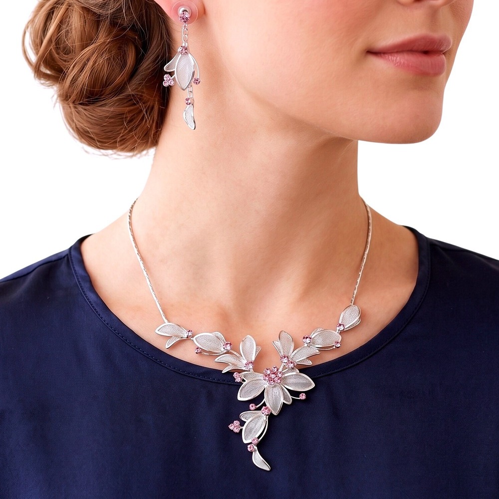 Silver Tone‎ Pink Rhinestone Floral Mesh Bib Necklace and Drop Earring Set